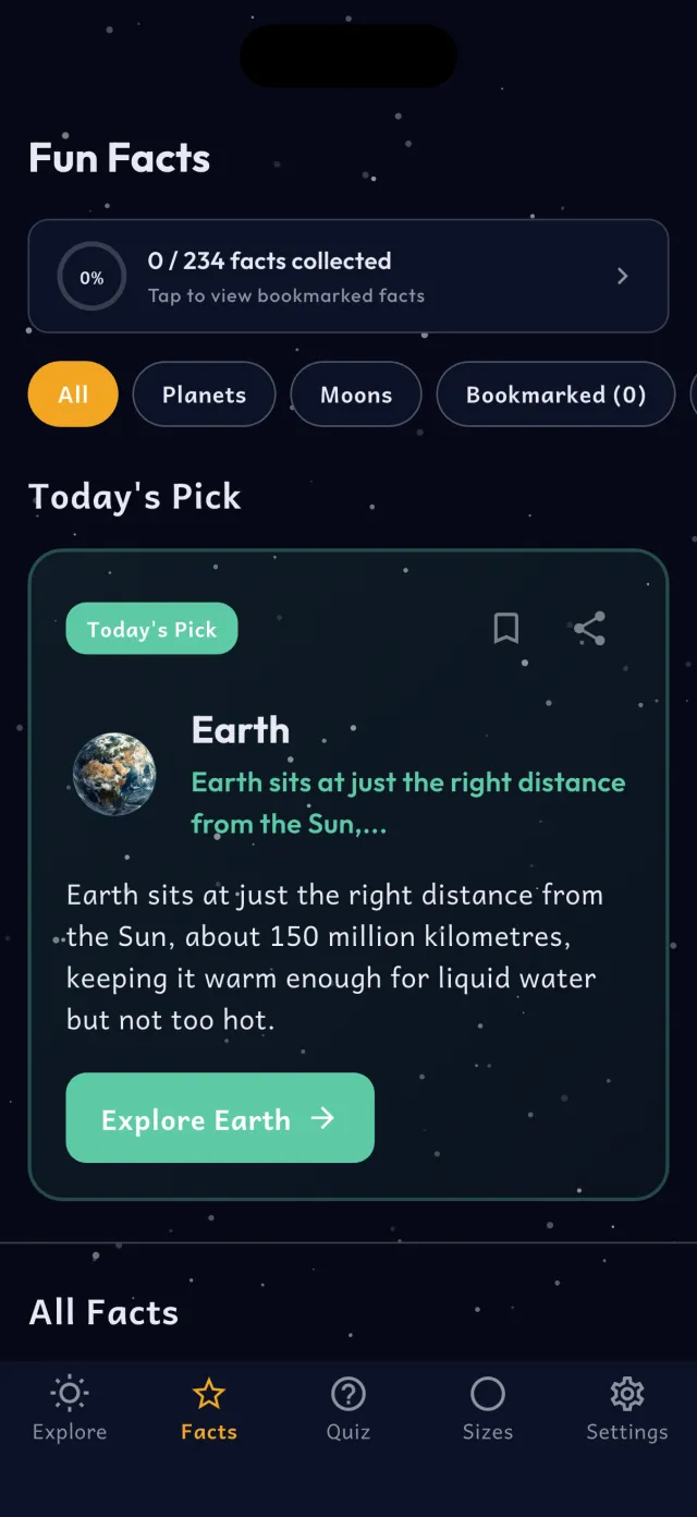 Fun facts screen with the fact of the day and a reading streak.