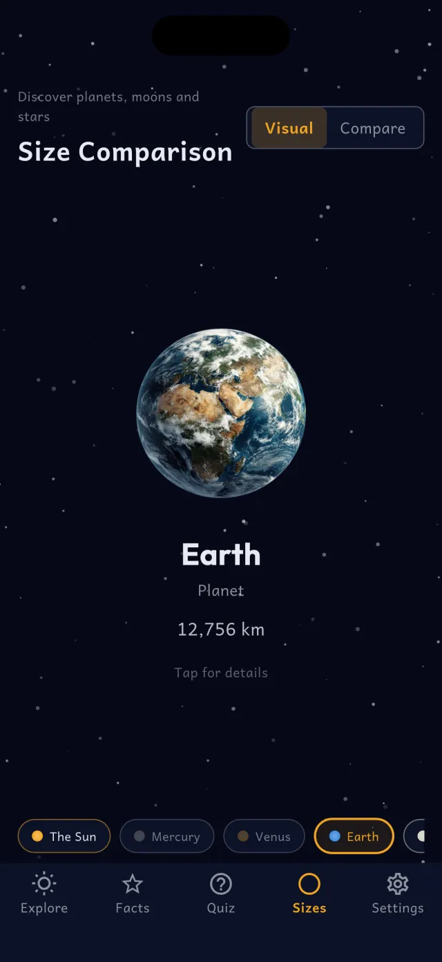 Size comparison screen showing planets side by side.