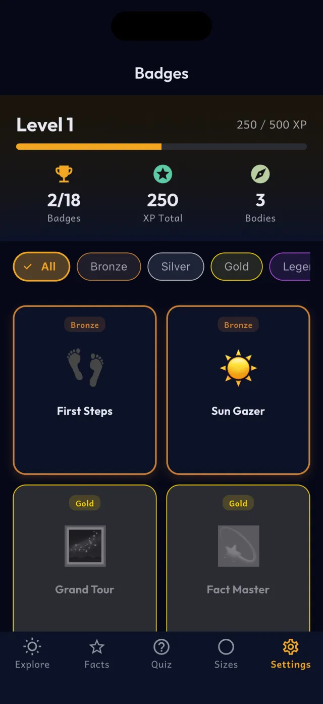 Badges screen with badges to unlock and the current level.